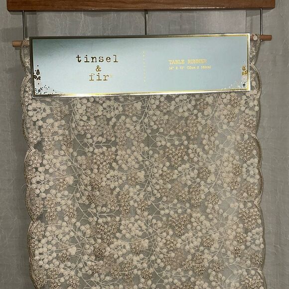 tinsel & fir Ivory Gold Embroidered Floral Winter Branches Lace Table Runner - Picture 2 of 11